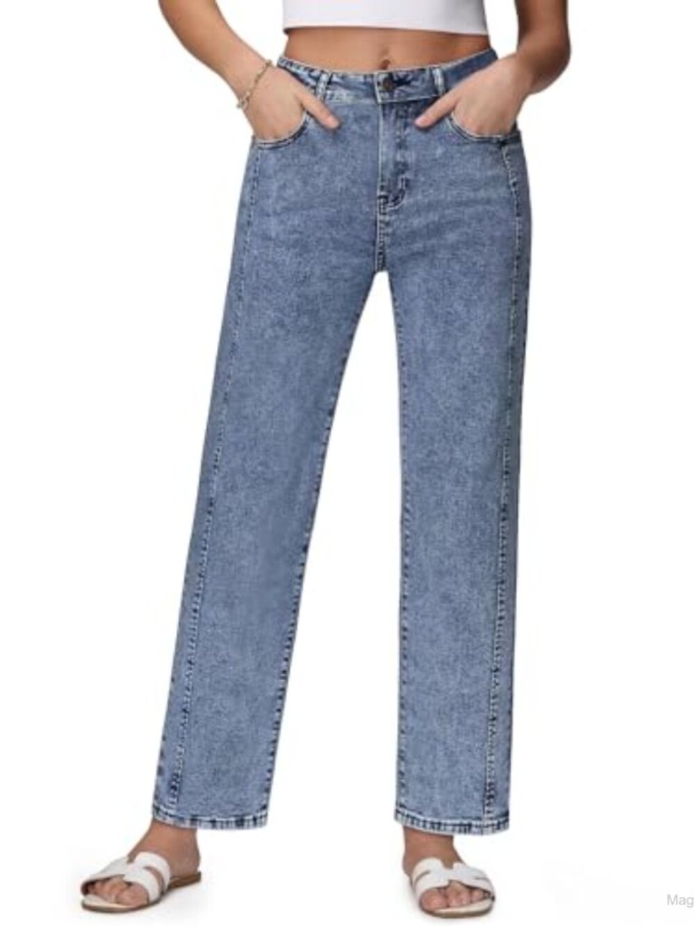 Womens High Waisted Wide Leg Jeans Stretchy Ankle Length Straight Leg Denim
